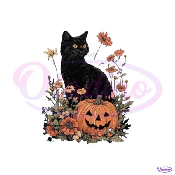 Black Cat Pumpkin Halloween Floral Spooky Season PNG