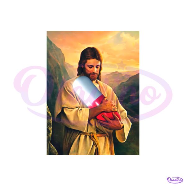 Jesus Embracing Giant Pill Vintage Christian Art PNG