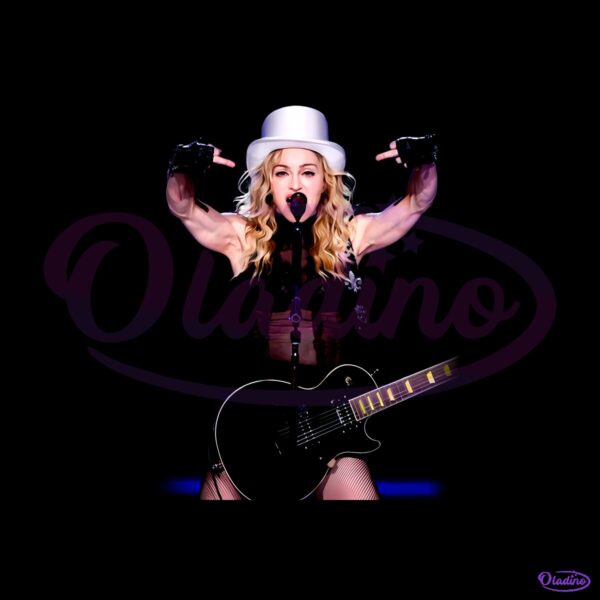 Madonna White Top Hat Black Outfit Guitar Performance Graphic PNG
