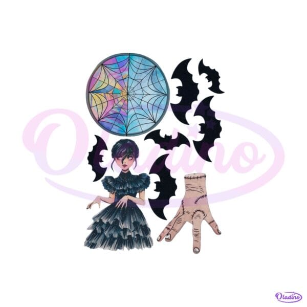 Wednesday Addams Gothic Creepy Cute Hand Bat Spiderweb Halloween PNG