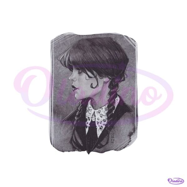 Wednesday Addams Gothic Portrait Sketch Dark Academia Halloween PNG