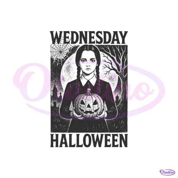 Wednesday Addams Gothic Pumpkin Vintage Spooky Halloween PNG