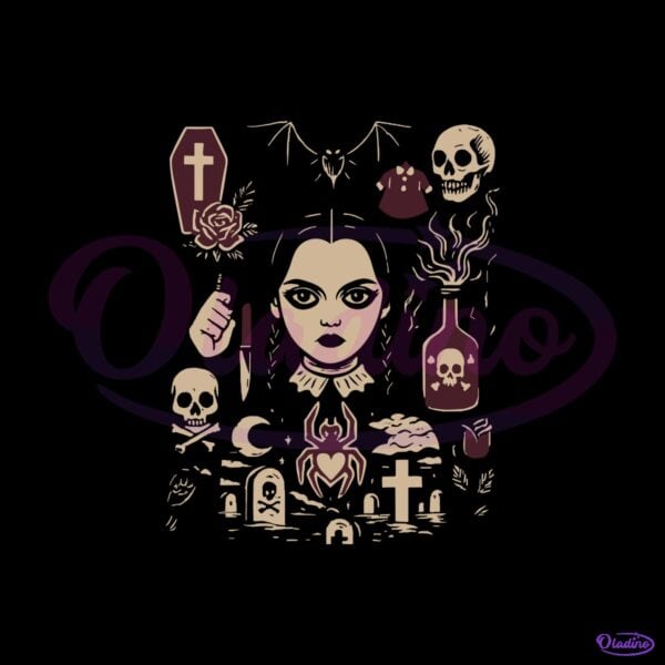 Wednesday Gothic Girl Skull Coffin Vintage Graveyard Halloween SVG