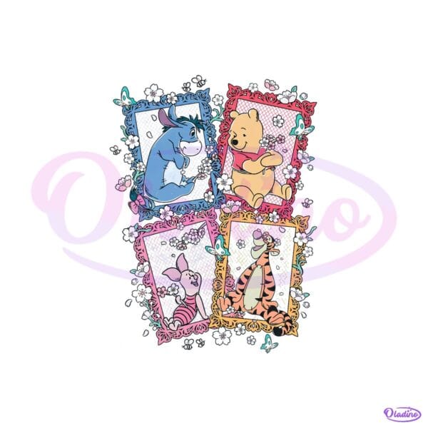 Winnie The Pooh Friends Eeyore Piglet Tigger Floral Frame PNG