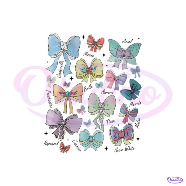 Disney Princess Coquette Bows Watercolor Aurora Ariel Belle Cinderella Tiana PNG