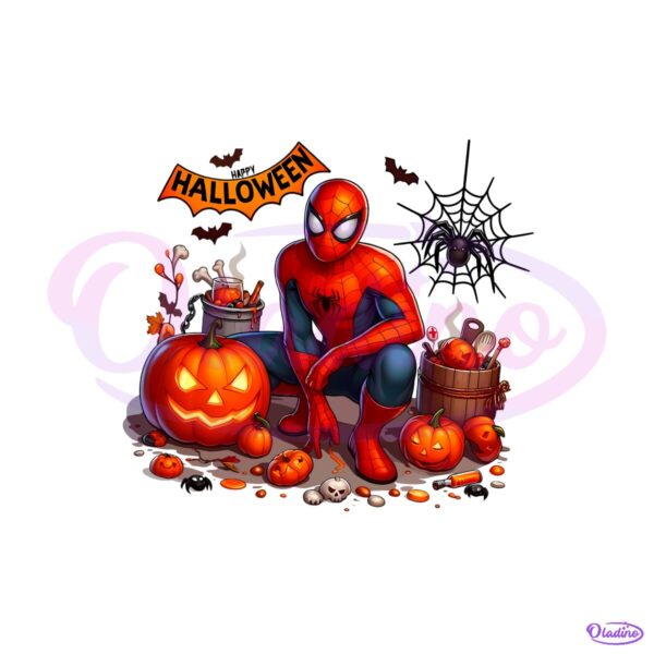 Marvel Spiderman Halloween Pumpkins Bats Superhero Comic Style PNG