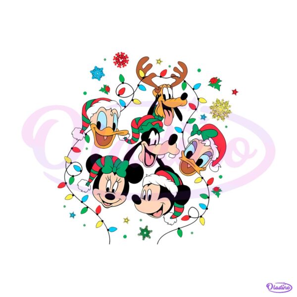 Mickey And Friends Christmas Faces Santa Hats Snowflakes Lights PNG