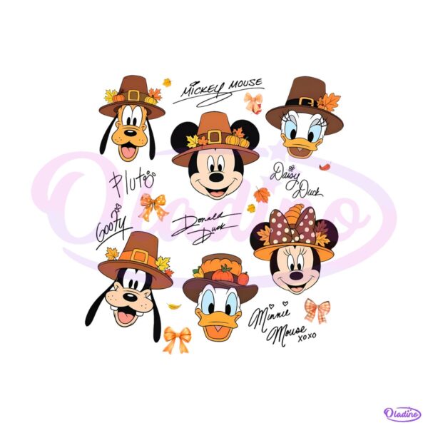 Mickey And Friends Thanksgiving Pilgrim Hats Autumn Pumpkin Leaves PNG