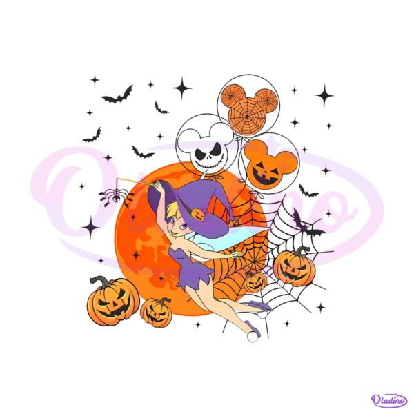 Tinkerbell Halloween Pumpkin Balloons Spiderweb Moon Disney PNG