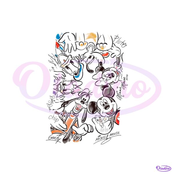 Vintage Disney Mickey Mouse Friends Circle Sketch Chip Dale Goofy Pluto PNG